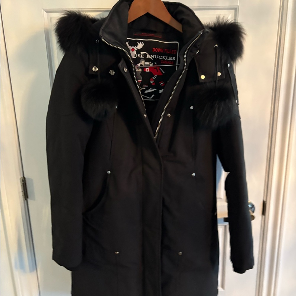 Moose Knuckles Black Puffer Jacket with Fur Accents